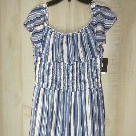 I. N. San Francisco blue and white striped shorts romper, ruffle, size large - Picture 2 of 16